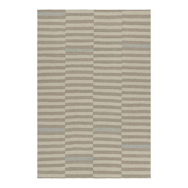Rug & Kilim’s Contemporary Kilim With Textural Beige, Taupe and Blue Stripes For Sale