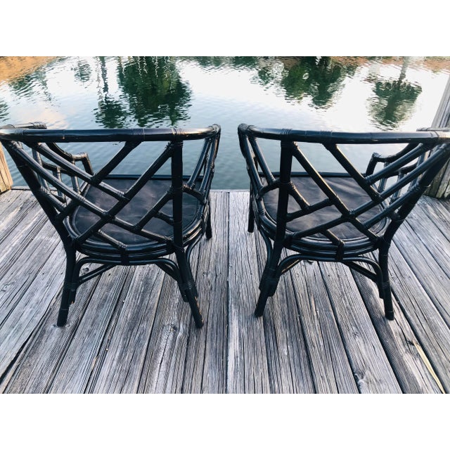 Hollywood Regency Mid-Century Chinese Chippendale-Style Distressed Bamboo Accent Chairs- a Pair For Sale - Image 4 of 13