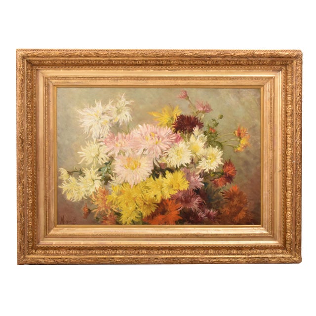 French Artist, Still Life of Flowers with Chrysanthemums and Daisies, 1898, Oil on Canvas For Sale - Image 11 of 11