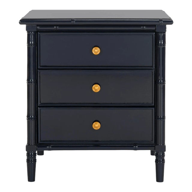 Modern Coastal 3 Drawer 25" H Bamboo Nightstand, Navy For Sale