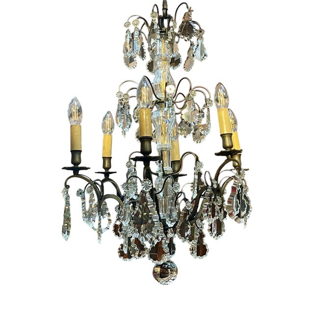 Early 20th Century Six-Light Chandelier in Bronze and Cut Crystal For Sale