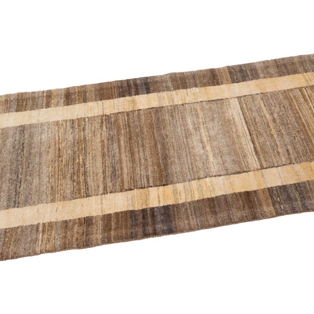 Brown Modern Persian Shouli Gabbeh Handmade Geometric Wool Runner For Sale - Image 8 of 10