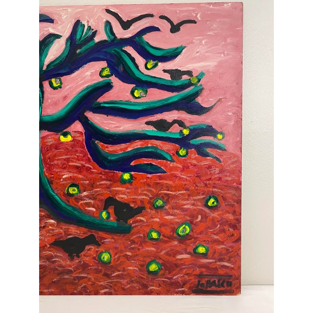 Expressive Tree with Birds and Golden Fruit – Oil on Board Landscape A bold and whimsical oil on board painting depicting...