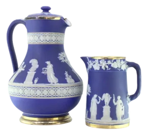 Wine Jug and Mug in Relief Porcelain with Roman Figures and Silver Applications, Set of 2