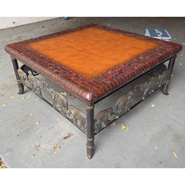 Mid-Century Modern Maitland-Smith Figural Elephant Bronze & Leather Coffee Table – 20th Century For Sale - Image 3 of 6
