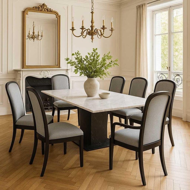 Contemporary Late 20th Century Set of Six Reupholstered Grey Wood Dining Chairs For Sale - Image 3 of 18