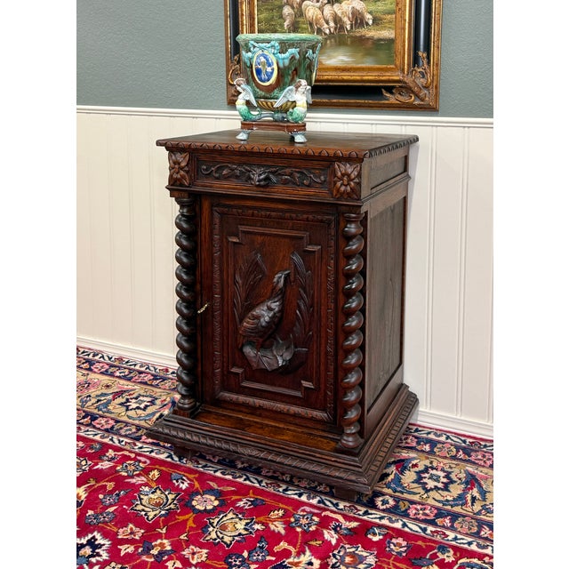 French Antique French Jam Cabinet Cupboard Pedestal Barley Twist Drawer Oak Pheasant For Sale - Image 3 of 18