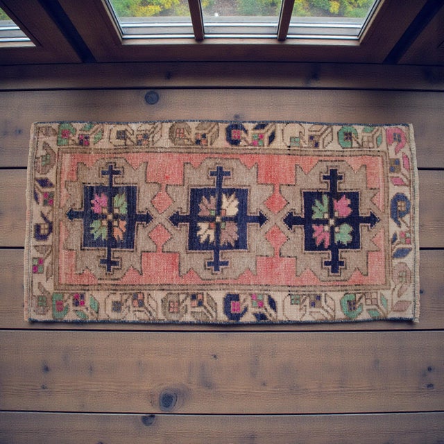 Hollywood Regency 1970s Hand Knotted Turkish Rug Door Mat, Entryway Rug, Bath Mat, Kitchen Decor, Small Rug - 18″ × 35″ For Sale - Image 3 of 13