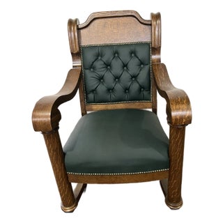 Late 19th Century Antique Oak Empire Upholstered Rocking Chair For Sale