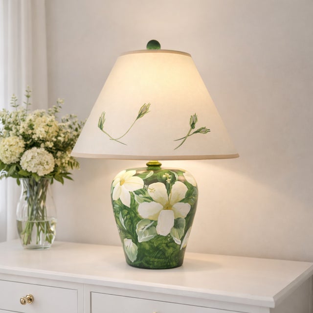 English Vintage Hand-Painted Magnolia Floral Table Lamp With Painted Shade For Sale - Image 3 of 13