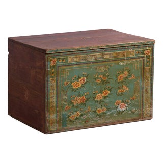Antique Chinese Qing Dynasty Painted Dongbei Peony Trunk For Sale