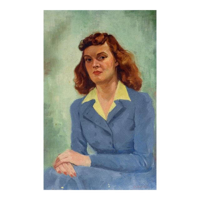 Vintage 1943 Portrait Red Haired Woman in Blue Suit Painting For Sale