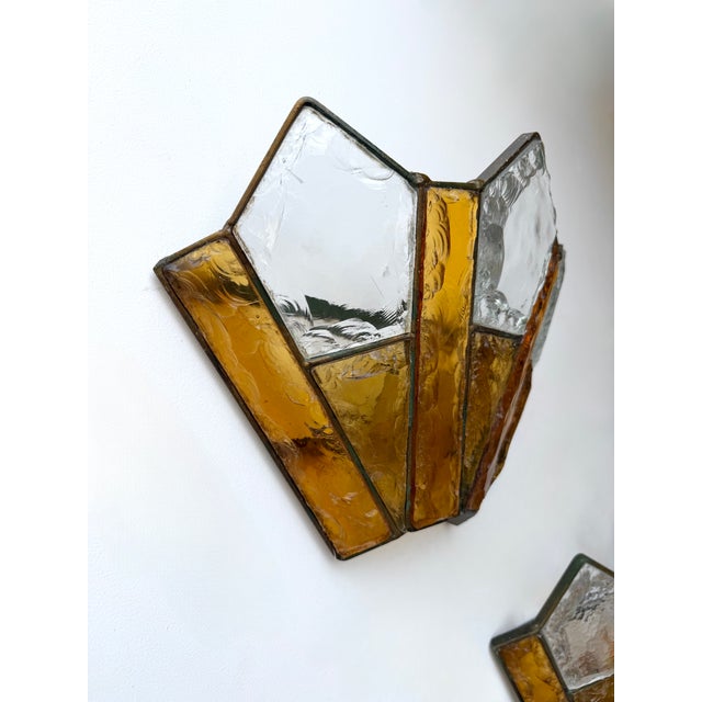 Pair of Hammered Glass Wrought Iron Sconces by Longobard, Italy, 1970s For Sale - Image 6 of 12