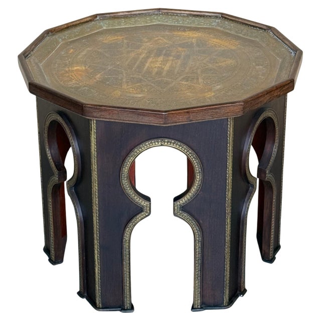 Mid 20th Century Hand Carved Wood Moroccan Side Table with Embossed Metal Top For Sale - Image 15 of 18