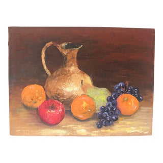 Vintage Oil Painting, Colorful Still Life With Fruit and Jug Pitcher Grapes, Unsigned For Sale