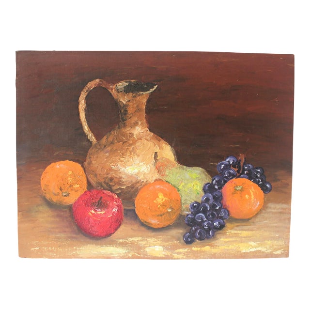Vintage Oil Painting, Colorful Still Life With Fruit and Jug Pitcher Grapes, Unsigned For Sale