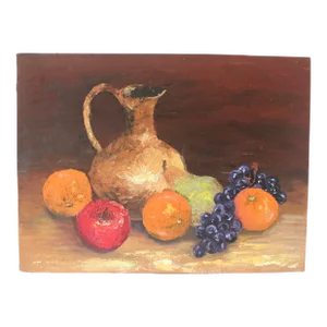 Vintage Oil Painting, Colorful Still Life With Fruit and Jug Pitcher Grapes, Unsigned