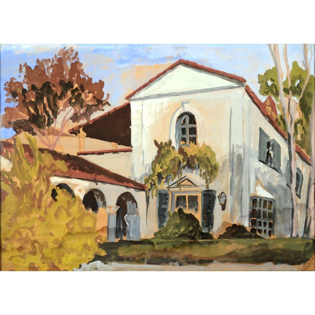 Beautiful mid century landscape of a historic California mission, highlighting its iconic architectural details such as a...