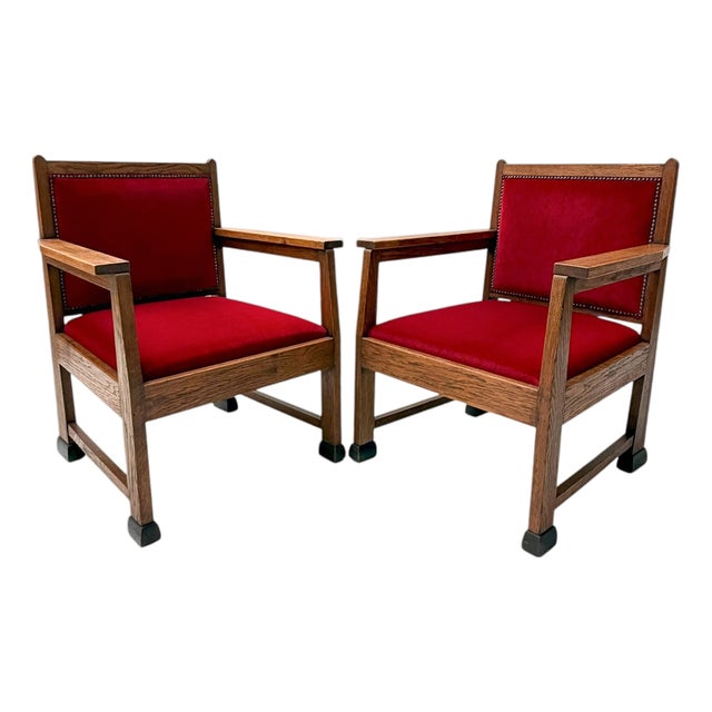 Art Deco Lounge Chairs in Oak and Velvet by Architect Schubad, 1920s, Set of 2 For Sale