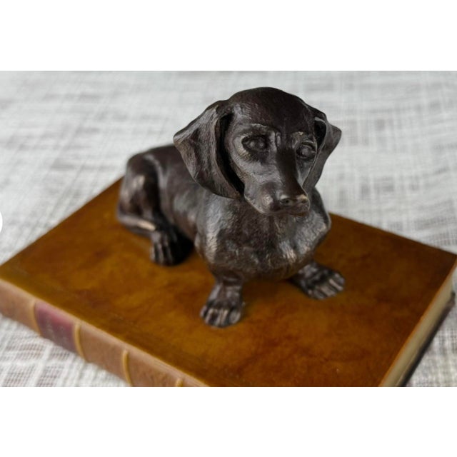 Bronze Dachshund Paperweight on Leather Base For Sale - Image 6 of 18
