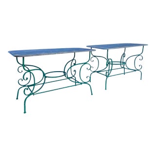 French Style Painted Metal Garden Console Tables, Pair For Sale