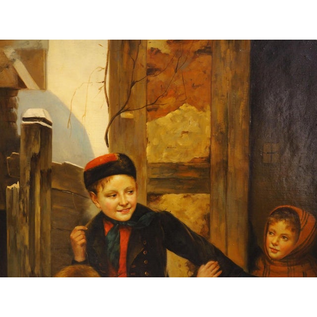 19th Century Oil on Canvas Painting, Children Playing in Winter, Alsace, France For Sale - Image 15 of 16