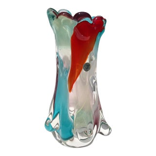 Vintage Murano Abstract Multi-Color Red Teal Tree Trunk Italian Art Glass Flower Vase With Original Label For Sale
