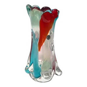 Vintage Murano Multi-Color Red Teal Abstract Tree Trunk Italian Art Glass Flower Vase With Original Label
