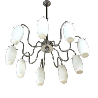 Modernist 9-Light Scenographic Chandelier in Glass and Steel, 1970s For Sale