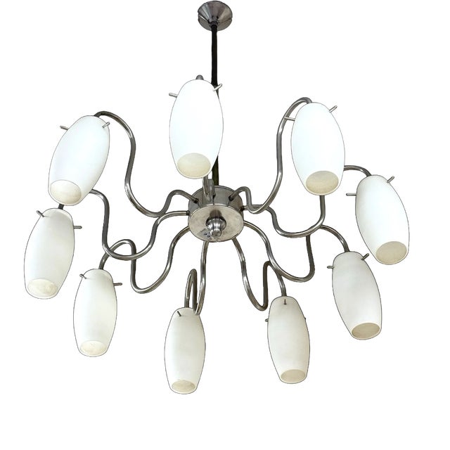 Modernist 9-Light Scenographic Chandelier in Glass and Steel, 1970s For Sale