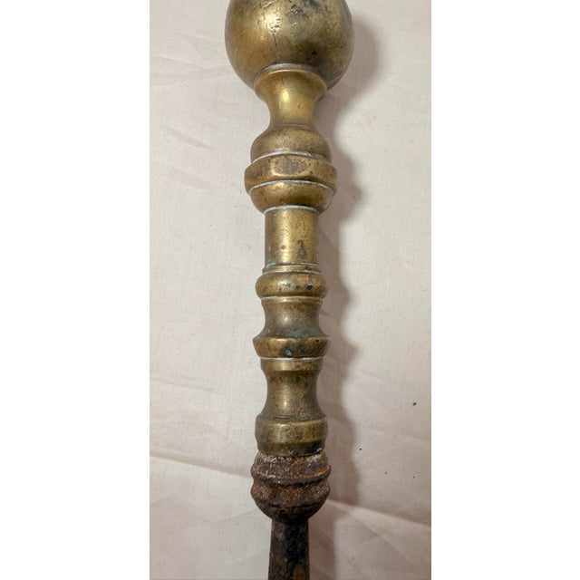 Brass Antique 18th Century Wrought Iron Turned Brass English Fireplace Shovel Tool 16 For Sale - Image 8 of 11