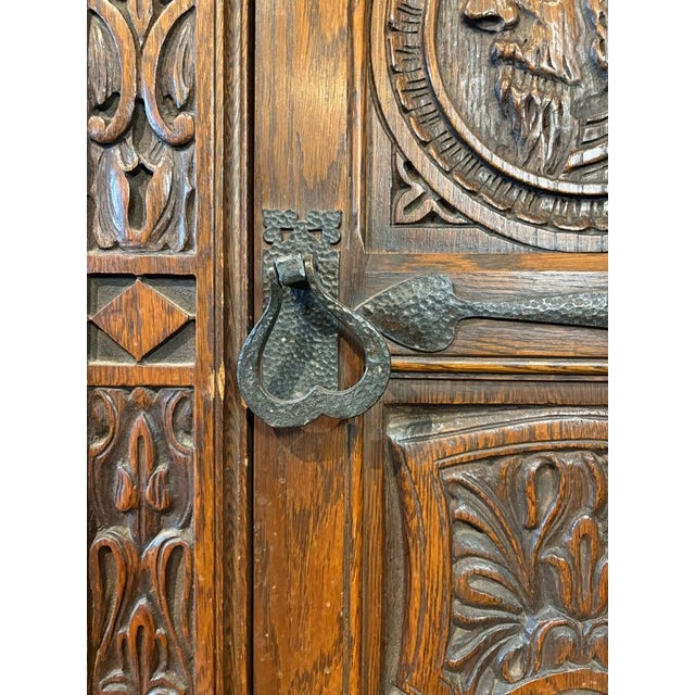 Wood Early 20th Century Hand-Carved Gothic Revival Two-Tiered Cabinet With Iron Hardware For Sale - Image 7 of 16