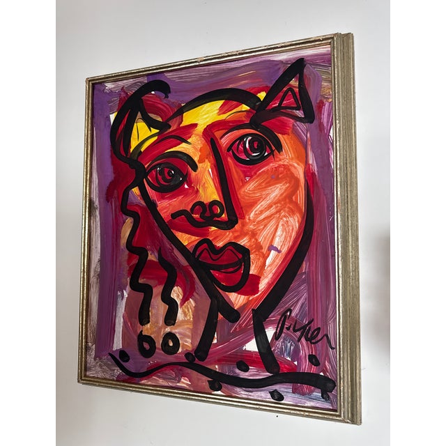 Terrific Abstract Painting by Peter Robert Keil. The painting depicts a portrait of a colorful woman and is framed. It is...