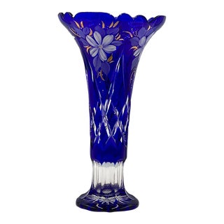 1980s Vintage Hand Painted Cobalt Blue Czech Cut Crystal Flower Vase- Large For Sale
