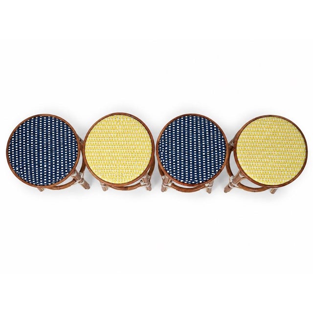 French Provincial Maison Gatti Parisian Rattan Bistro Bar Stools in Navy & Yellow -Set of 4 For Sale - Image 3 of 7