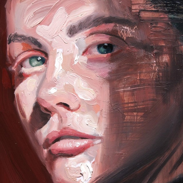 Ember Eyes presents a striking portrait characterized by bold brushwork and a dynamic interplay of light and shadow. The...