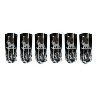 Czech Hand Engraved Lead Crystal Elephant Tumblers – Set of 6, Vintage Crystal Glassware For Sale