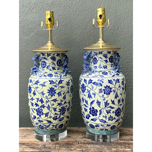 Vintage Asian Blue and White Floral Lamps - A Pair For Sale - Image 11 of 12