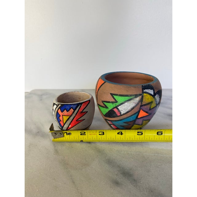 Mid 20th Century Pair of Mid-Century Handmade Tesuque Pueblo Pottery Vessels With Poster Paint Decoration, New Mexico For Sale - Image 5 of 7
