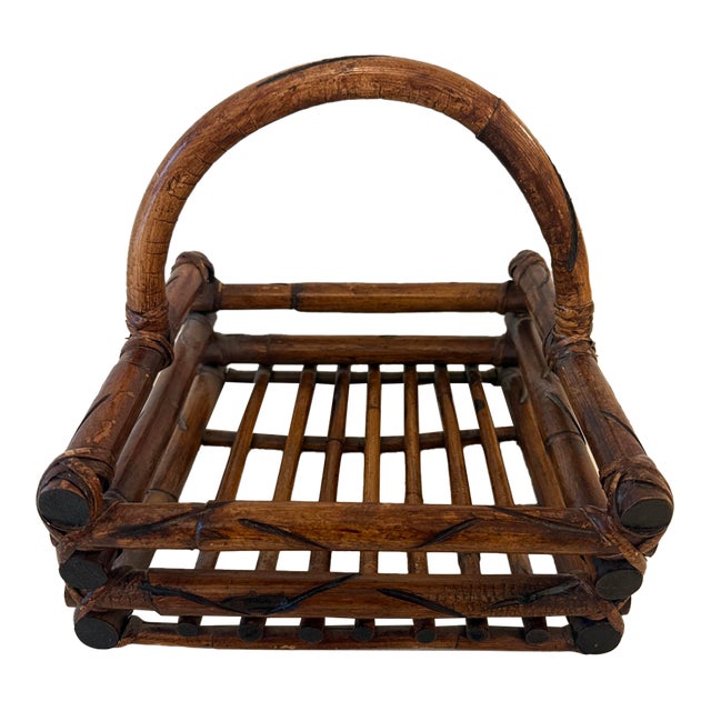 Mid 20th Century Bamboo and Wicker Handled Table Serving Basket For Sale