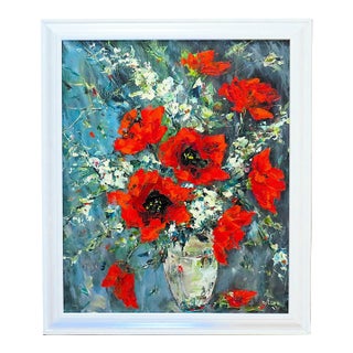 Original Still Life Acrylic Painting of Bouquet of Red Poppies Flowers Floral Signed Erna Freisinger Mid Century Modern For Sale