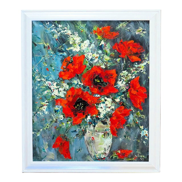 Original Still Life Acrylic Painting of Bouquet of Red Poppies Flowers Floral Signed Erna Freisinger Mid Century Modern For Sale
