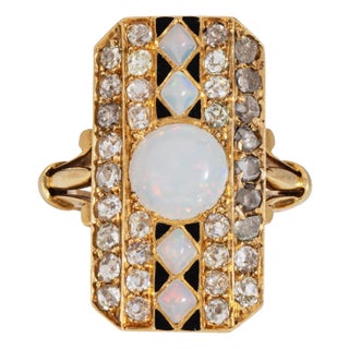 Late 19th Century Antique Victorian Opal Diamond Ring Enamel 18k Yellow Gold, Size 5.5 For Sale