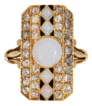 Late 19th Century Antique Victorian Opal Diamond Ring Enamel 18k Yellow Gold, Size 5.5