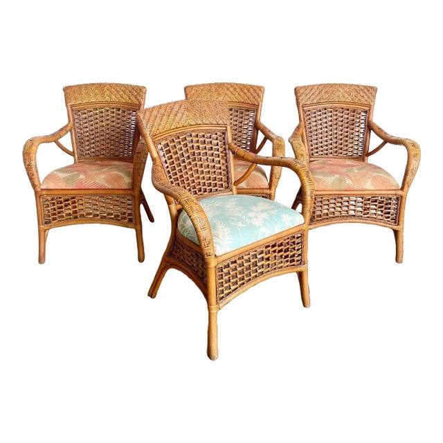 Boho Chic Bamboo Rattan and Wicker Dining Arm Chairs For Sale