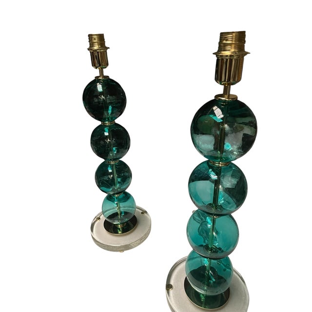 Aqua Murano Glass Lamps in the style of Gino Cenedese, 1980, Set of 2 For Sale - Image 8 of 10