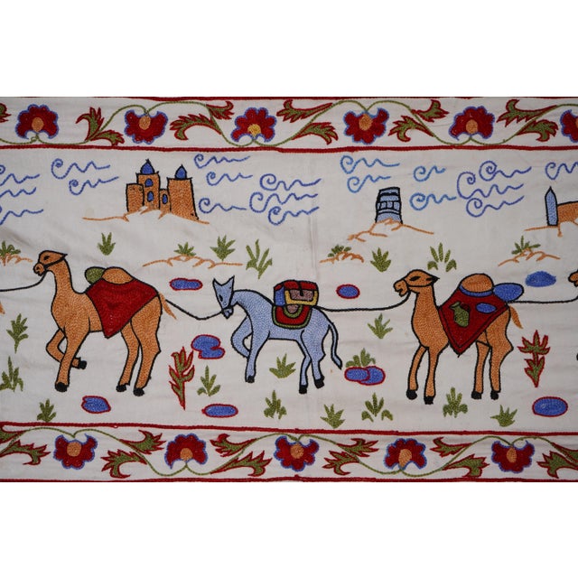 White Uzbek Suzani Animal Tablecloth, Bukhara Wall Hanging Decor - Camel Cotton Runner 1'8'' X 6'1'' For Sale - Image 8 of 13