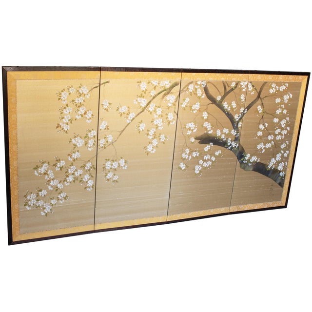 Elegant Shōwa Era 4-panel Japanese hand painted silk Byobu (folding screen), depicts Blossoming Sakura (Cherry Tree)....