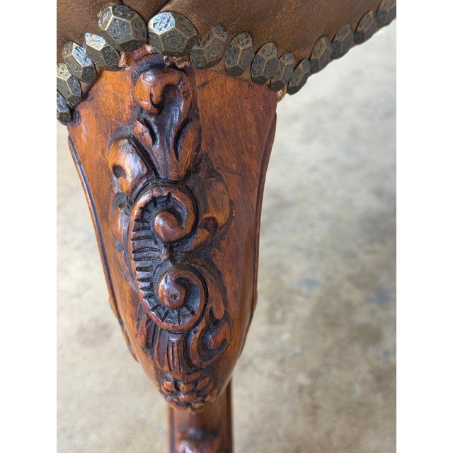 Wood Antique French Louis XV Bench, Hand-Carved Wood & Brown Leather For Sale - Image 7 of 14