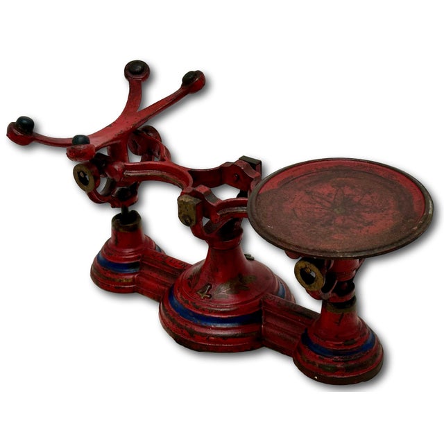 Nice Antique American Victorian Cast Iron & Brass Small Size Kitchen Scale With Excellent Original Red & Blue Paint For Sale - Image 9 of 18